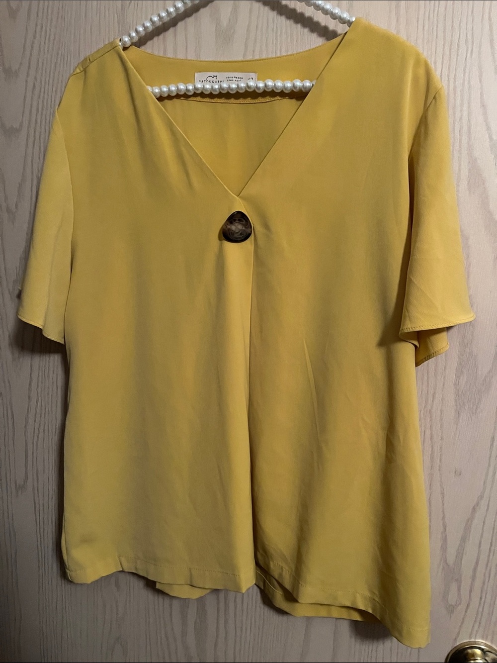 Natasha Couture Canary Yellow V-Neck Short Sleeve Blouse with Center Button